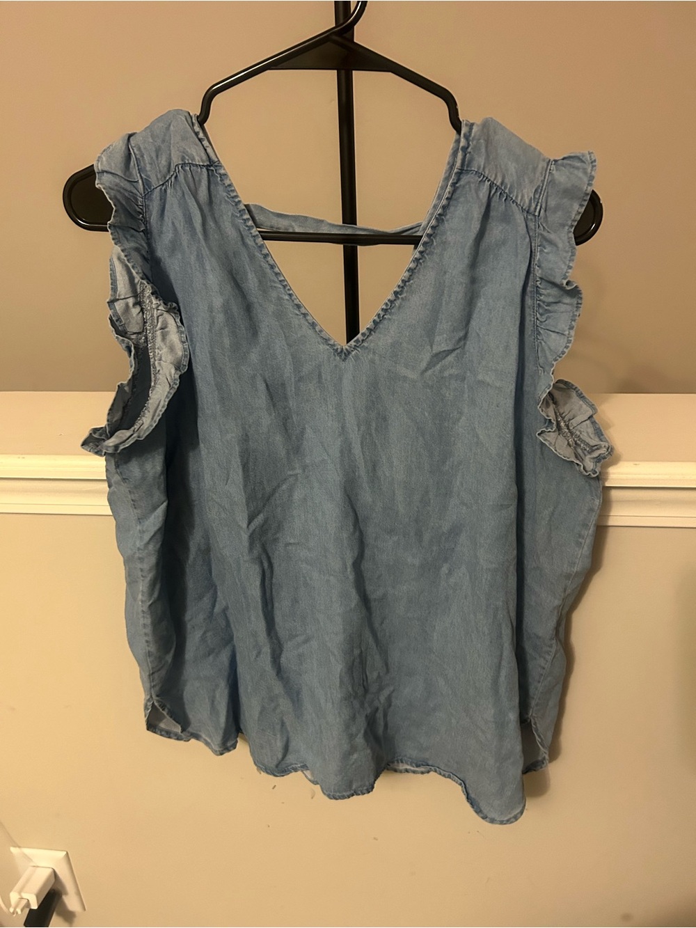 For The Republic Blue Chambray Ruffle Sleeve V-Neck